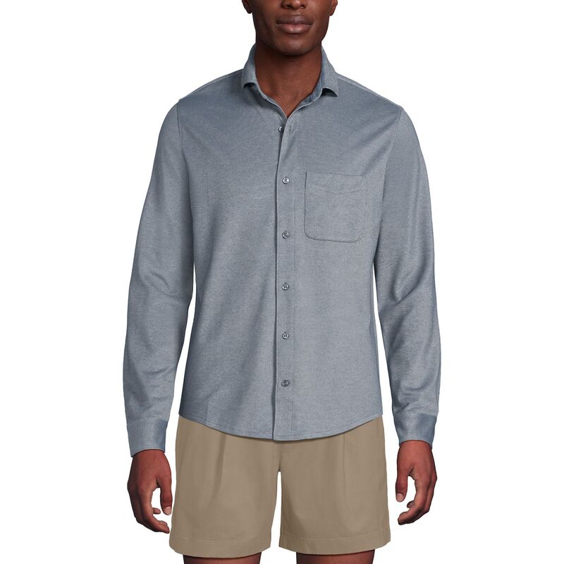 ランズエンド メンズ トップス Tシャツ オックスフォード ニット Men's Lands' End Long Sleeve Knitravel Kit Oxford Shirt Grey Birdseye グレー