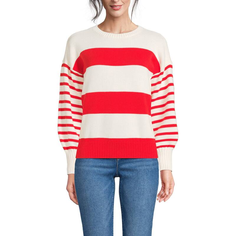 ランズエンド レディース アウター ニット・セーター クルーネック プチ ジャージー Petite Lands' Endrifter Jersey Crewneck Sweatered Ivory Stripes アイボリー