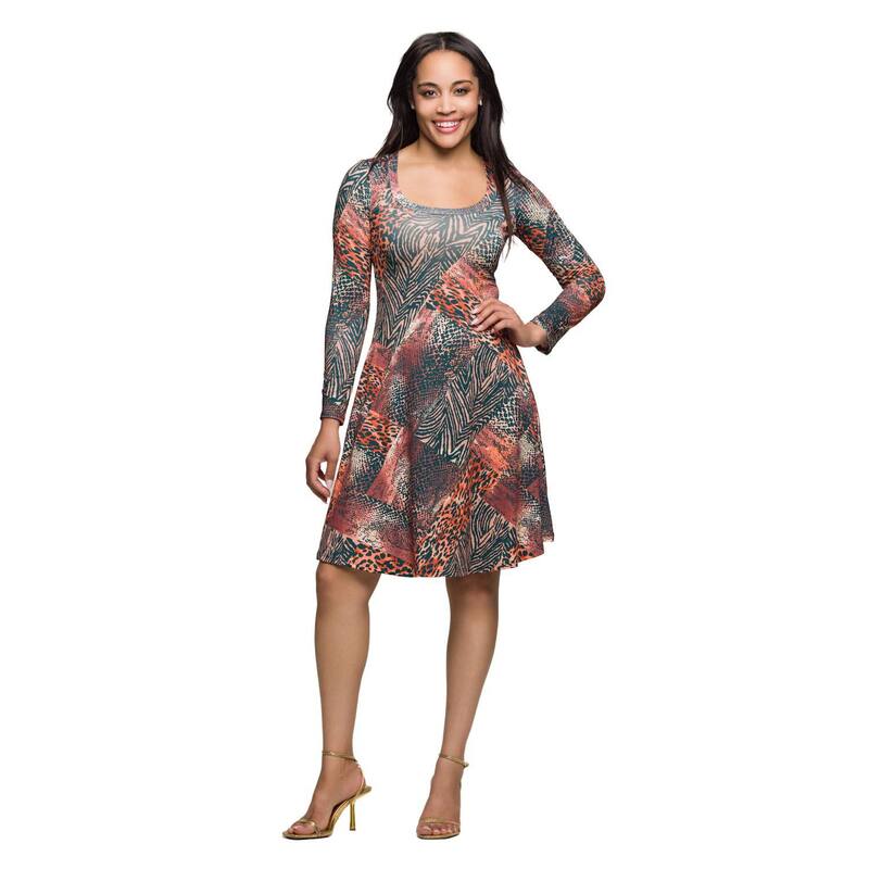 24 セブンコンフォート レディース トップス ワンピース プリント Women's 24Seven Comfort Apparel Print Long Sleeve Fit & Flare Dress Brown Multi ブラウン|ReVida 店