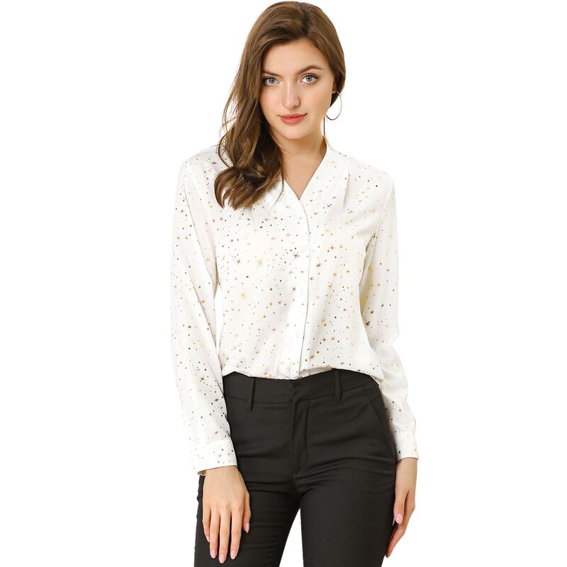 アレグラ ケー レディース トップス シャツ トール ALLEGRA K Women'stand Collar Long Sleeve Metallic Starshirt White ホワイト