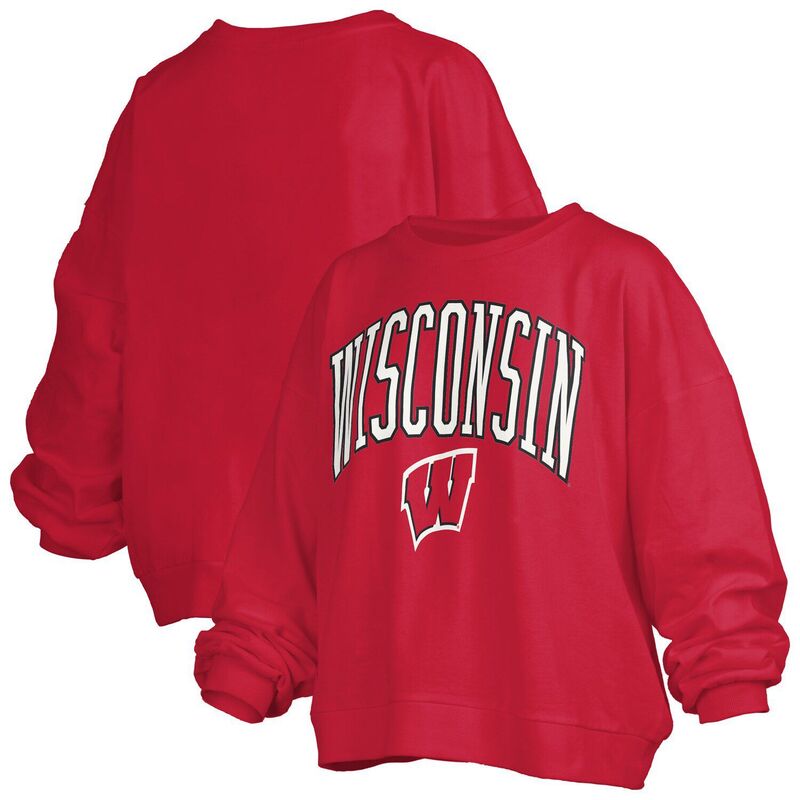 押し付けるボックス席 レディース トップス プルオーバー 流汗 ロゴタイプ Women\u0027s Pressbox Red Wisconsin Badgers Janise Arch Over Logo Waist Length Oversized Pullover Sweatshirt Wis Red 赤いこと