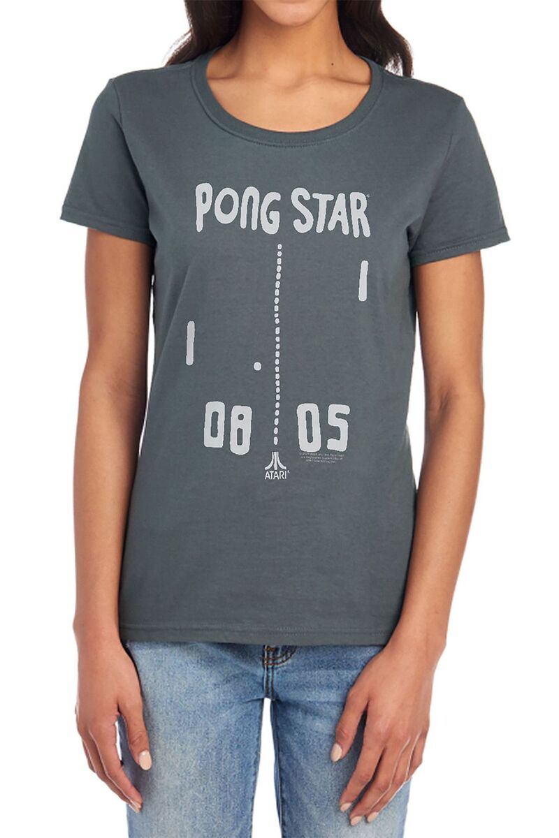 アニメキャラクター レディース トップス Tシャツ グラフィック Licensed Character Juniors' Atari Pong Paddles Graphic Tee Charcoal チャコール