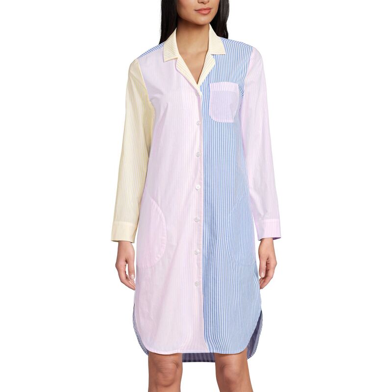 ランズ挙げ句の果て レディース アンダー御召しもの ナイト爵御召しもの プチ Petite Lands\u0027 End Long Sleeve Pajama Nightgown Cobalt Pink Stripe 青緑色