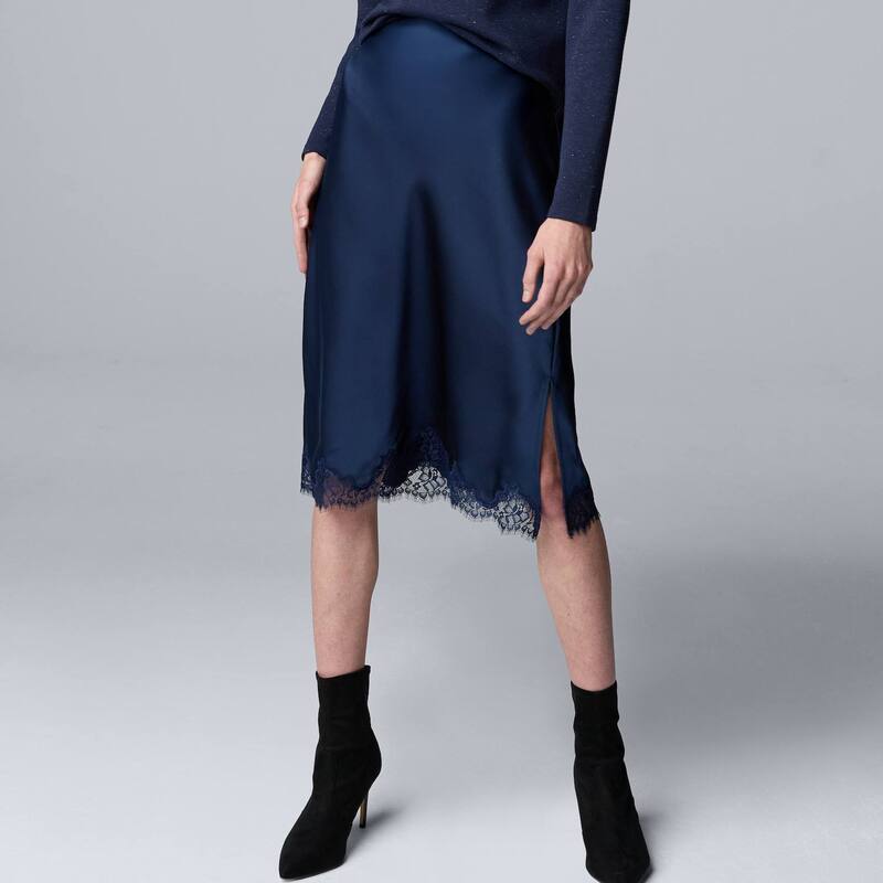 ヴェラウォン レディース ボトムスカート レーストリム ミディ サテン レース Women'simply Vera Wang Lace Trim Satin Midi Skirt Liberty Navy ネイビー