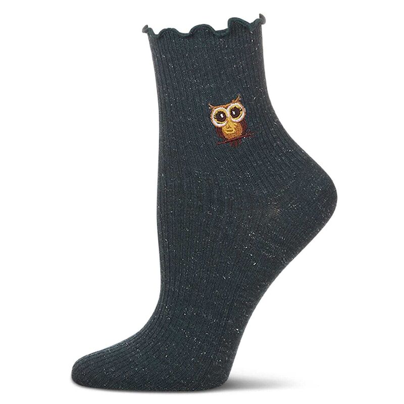 メモイ レディース アンダーウェア 靴下 リブ コットン 刺繍 MeMoi Women's Ribbed Cotton Blend Lettucedgembroidered Owl Crew Sock Teal ティール