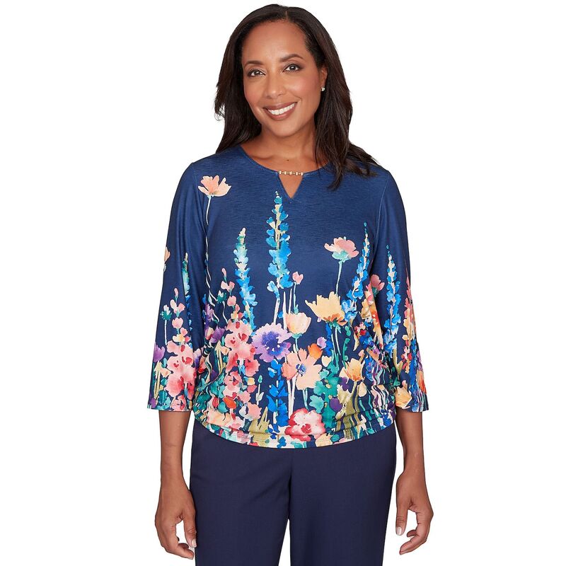 アルフレッド ダナー レディース トップス Tシャツ フラワー柄 プチ ニット フラワー Petite Alfredunner Vertical Floral Border Knitop Navy Multi ネイビー