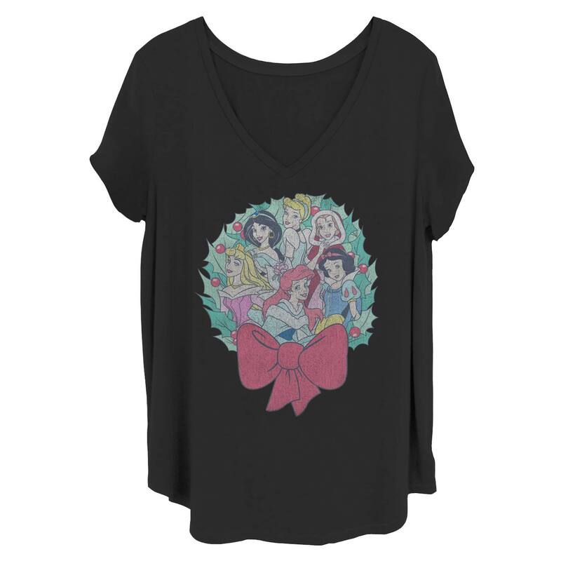 アニメキャラクター レディース トップス Tシャツ プラスサイズ LICENSED CHARACTER Juniors' Plus Disney Princess Christmas Group Shot Wreath Tee Black ブラック