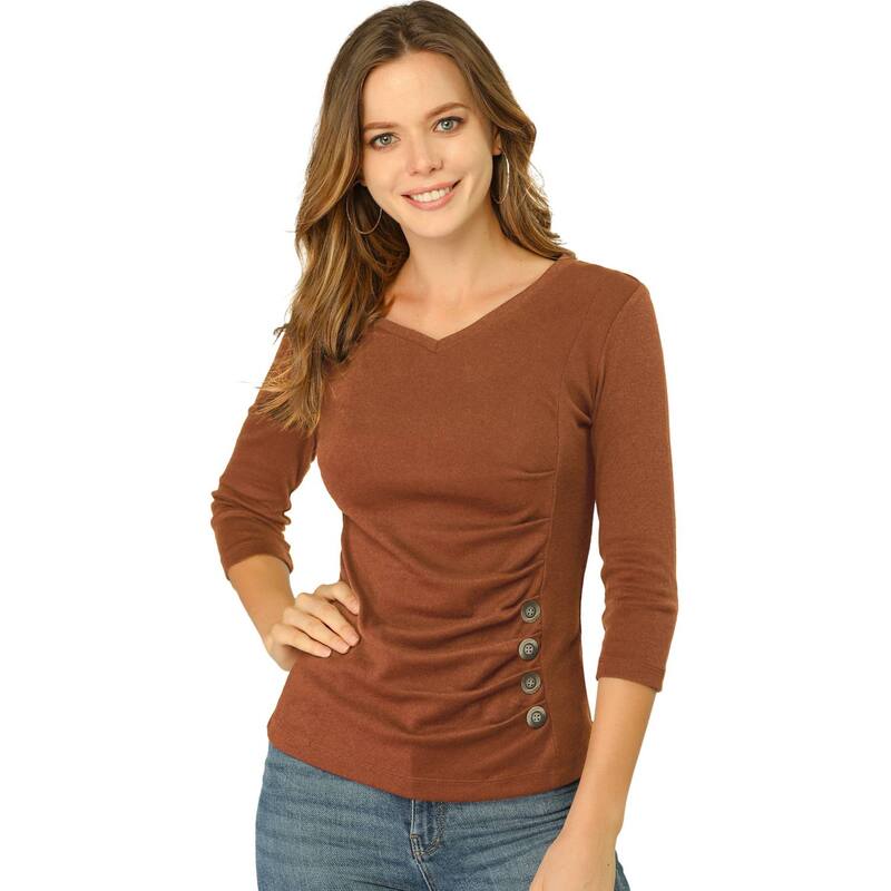 アレグラ ケー レディース トップス シャツ Vネック ギャザー ブラウス ニット ALLEGRA K Women's Decorative Button V Neck 3/4 Sleeve Solid Blouse Knit Ruched Top Brown ブラウン