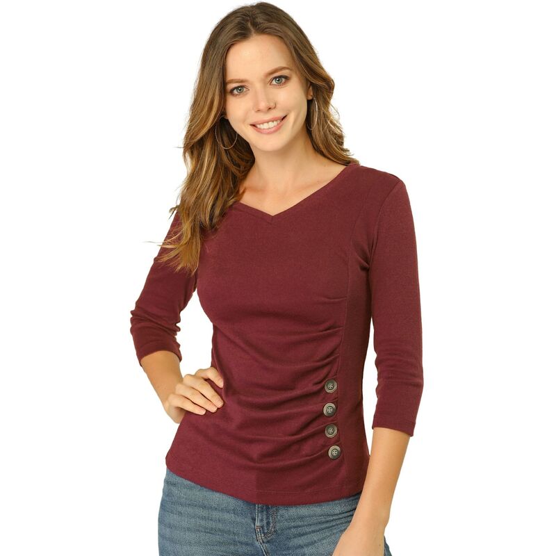 アレグラ ケー レディース トップス シャツ Vネック ギャザー ブラウス ニット ALLEGRA K Women's Decorative Button V Neck 3/4 Sleeve Solid Blouse Knit Ruched Top Burgundy バーガンディ 8,736円