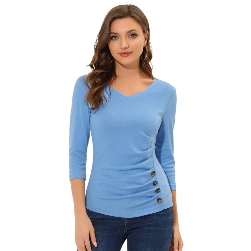アレグラ ケー レディース トップス シャツ Vネック ギャザー ブラウス ニット ALLEGRA K Women's Decorative Button V Neck 3/4 Sleeve Solid Blouse Knit Ruched Top Light Blue ブルー