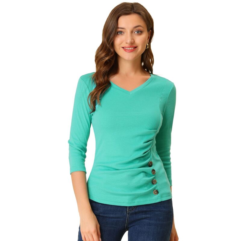 アレグラ ケー レディース トップス シャツ Vネック ギャザー ブラウス ニット ALLEGRA K Women's Decorative Button V Neck 3/4 Sleeve Solid Blouse Knit Ruched Top Mint Green グリーン