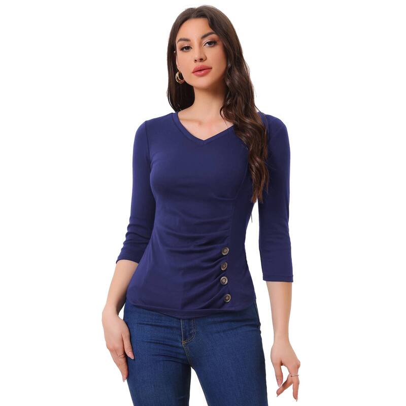 アレグラ ケー レディース トップス シャツ Vネック ギャザー ブラウス ニット ALLEGRA K Women's Decorative Button V Neck 3/4 Sleeve Solid Blouse Knit Ruched Top Navy Blue ネイビー