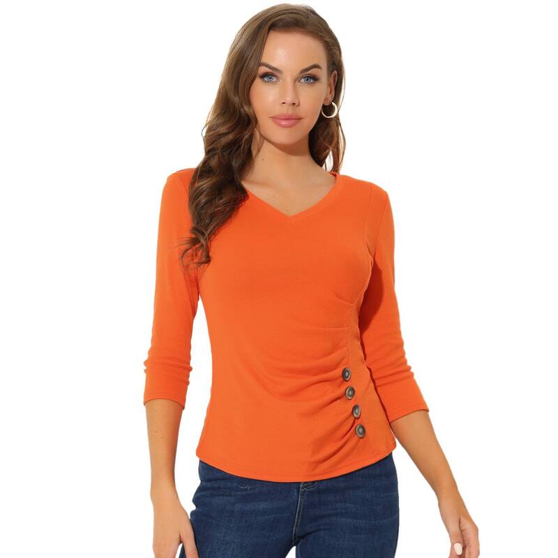 アレグラ ケー レディース トップス シャツ Vネック ギャザー ブラウス ニット ALLEGRA K Women's Decorative Button V Neck 3/4 Sleeve Solid Blouse Knit Ruched Top Orange オレンジ