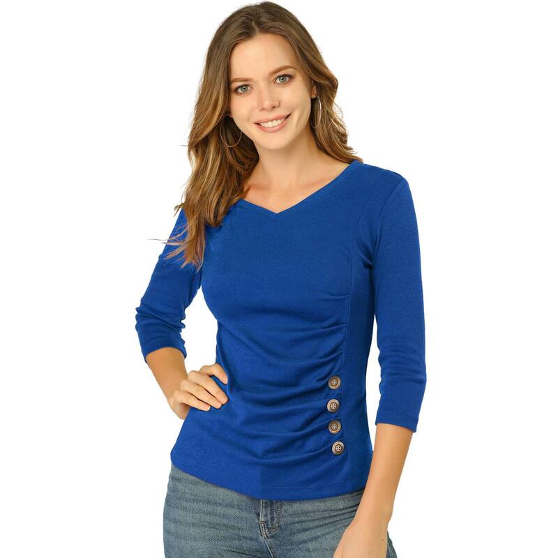 アレグラ ケー レディース トップス シャツ Vネック ギャザー ブラウス ニット ALLEGRA K Women's Decorative Button V Neck 3/4 Sleeve Solid Blouse Knit Ruched Top Royal Blue ブルー