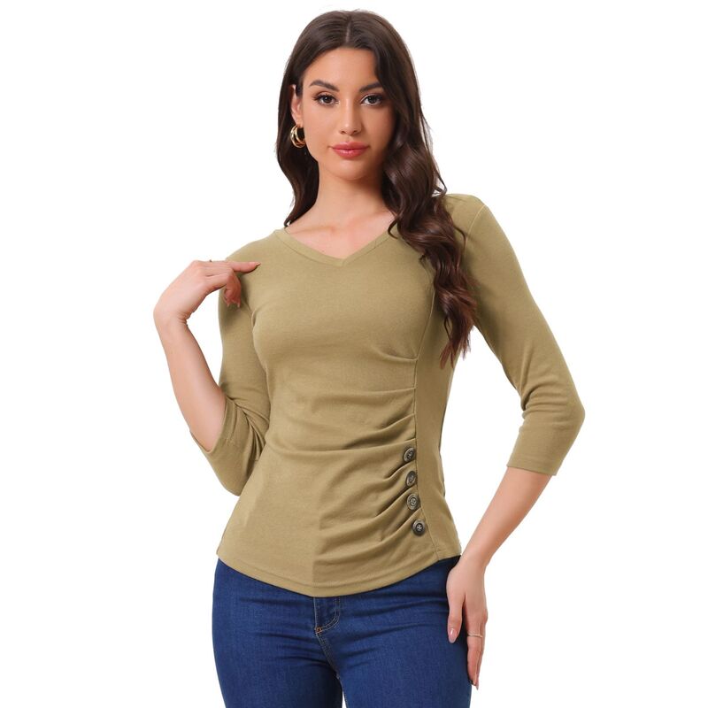 アレグラ ケー レディース トップス シャツ Vネック ギャザー ブラウス ニット ALLEGRA K Women's Decorative Button V Neck 3/4 Sleeve Solid Blouse Knit Ruched Top Tan タン