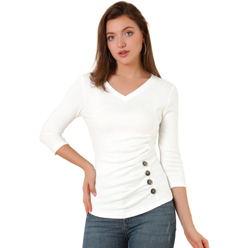 アレグラ ケー レディース トップス シャツ Vネック ギャザー ブラウス ニット ALLEGRA K Women's Decorative Button V Neck 3/4 Sleeve Solid Blouse Knit Ruched Top White ホワイト