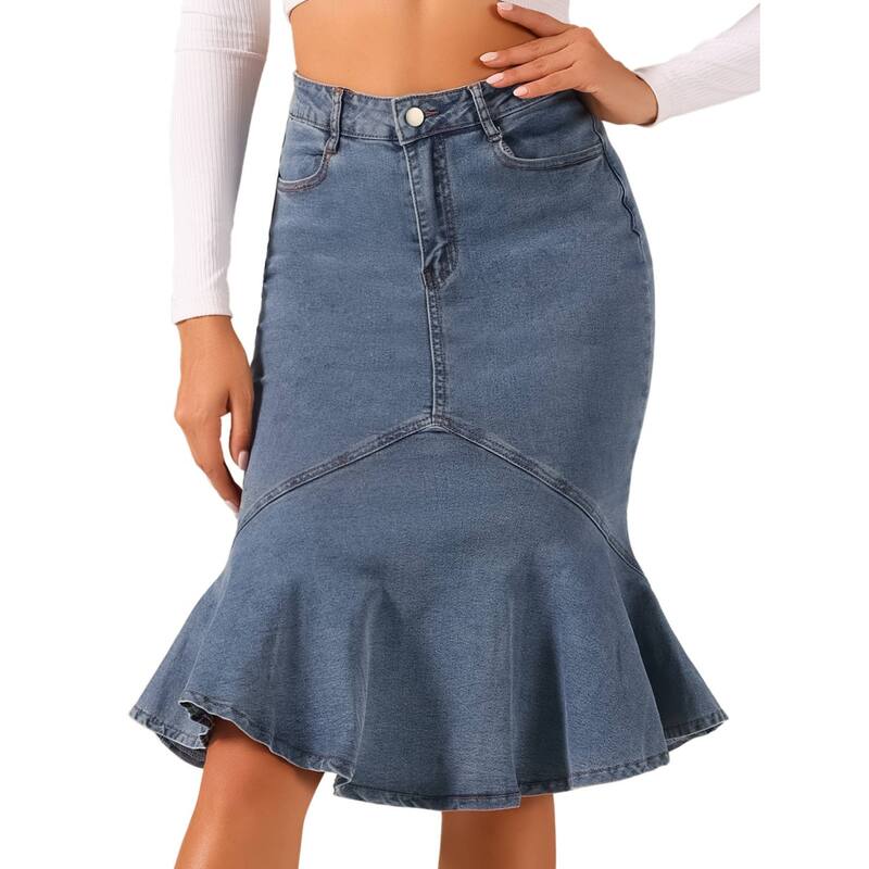 アレグラ ケー レディース ボトムスカート ハイウエスト フリル デニム ALLEGRA K Fishtail Denim Skirt for Women's High Waist Bodycon Jean Ruffleskirts Dark Blue ブルー