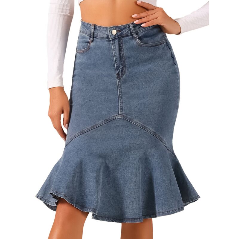 アレグラ ケー レディース ボトムスカート ハイウエスト フリル デニム ALLEGRA K Fishtail Denim Skirt for Women's High Waist Bodycon Jean Ruffleskirts Grey Blue グレー