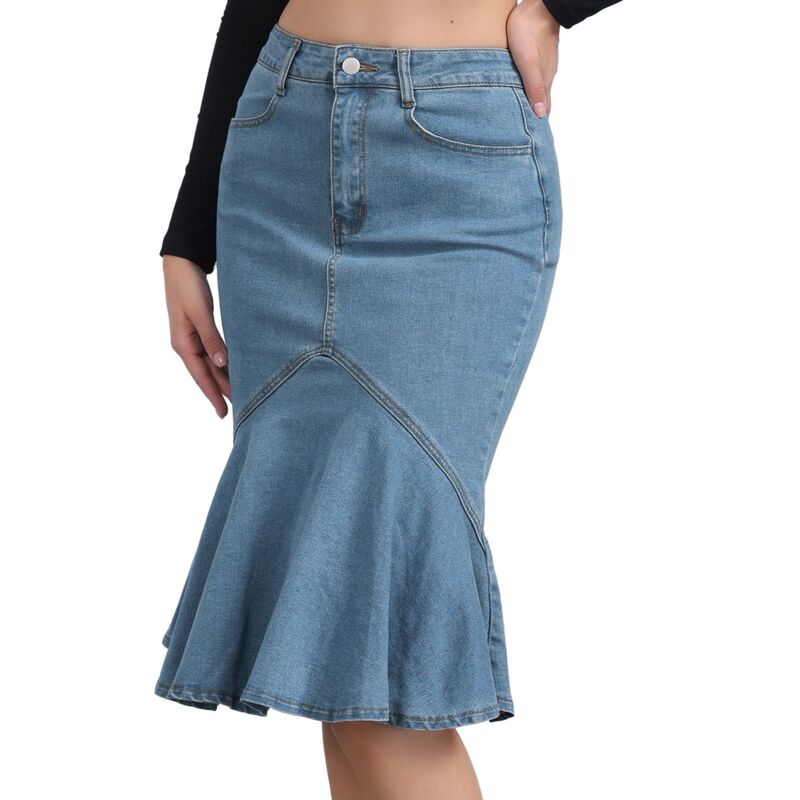 アレグラ ケー レディース ボトムスカート ハイウエスト フリル デニム ALLEGRA K Fishtail Denim Skirt for Women's High Waist Bodycon Jean Ruffleskirts Light Blue ブルー｜ReVida 店