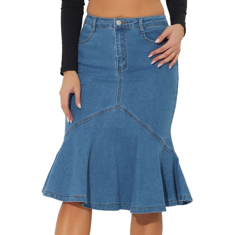 アレグラ ケー レディース ボトムスカート ハイウエスト フリル デニム ALLEGRA K Fishtail Denim Skirt for Women's High Waist Bodycon Jean Ruffleskirtsky Blue ブルー|ReVida 店