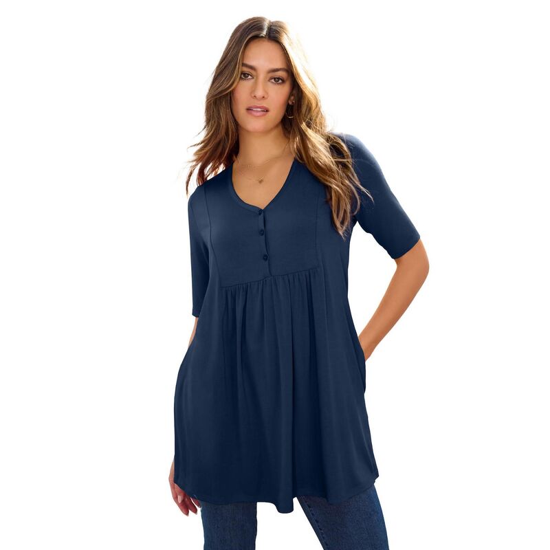 ロアマンズ レディース トップス Tシャツ プラスサイズ Roaman's Women's Plusize Henley Tunic Navy ネイビー｜ReVida 店