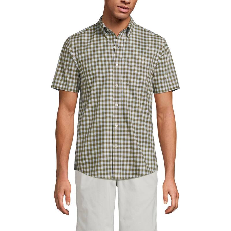 ランズエンド メンズ トップス Tシャツ Men's Lands' End Short Sleeve Poplin Shirt Olive Drab Gingham オリーブ