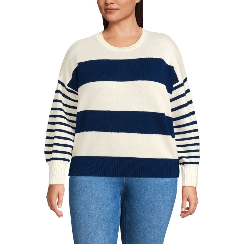 ランズエンド レディース アウター ニット・セーター クルーネック プラスサイズ Plusize Lands' End Stripedrifter Crewneck Sweater Navy Ivory Stripe アイボリー