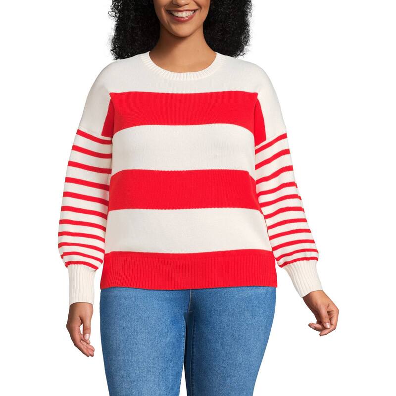 ランズエンド レディース アウター ニット・セーター クルーネック プラスサイズ Plusize Lands' End Stripedrifter Crewneck Sweatered Ivory Stripes アイボリー