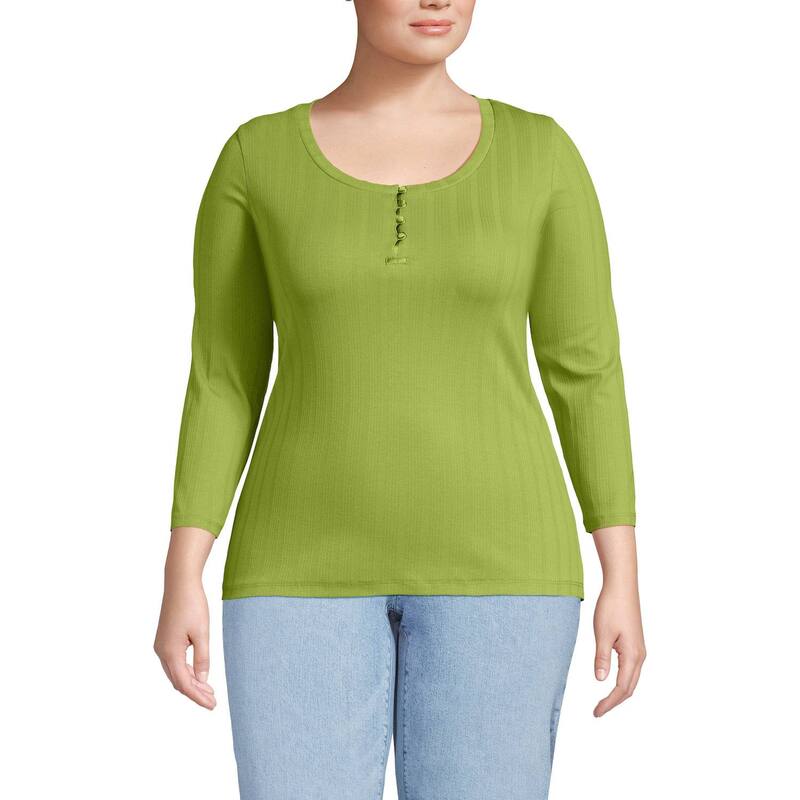 ランズエンド レディース トップス Tシャツ プラスサイズ Plusize Lands' End 3/4 Sleeve Variegated Micro Rib Henley Ivorywinter Pear