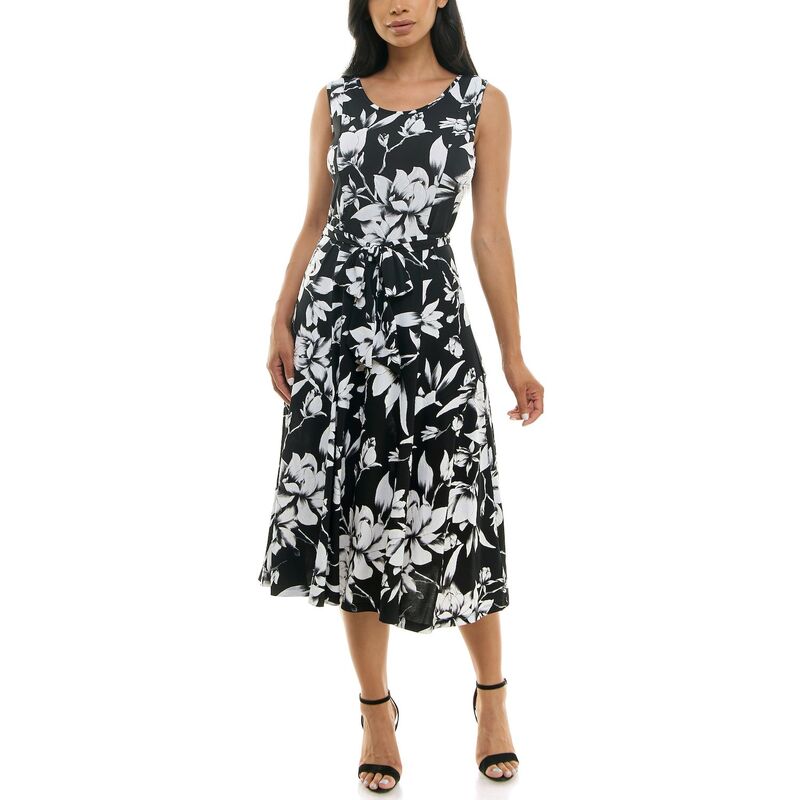 ニナレオナルド レディース トップス ワンピース プリント ミディ ノースリーブ Women's Nina Leonard Belted Sleeveless Print Midi Dress Black Ivory Combo アイボリー 8,986円