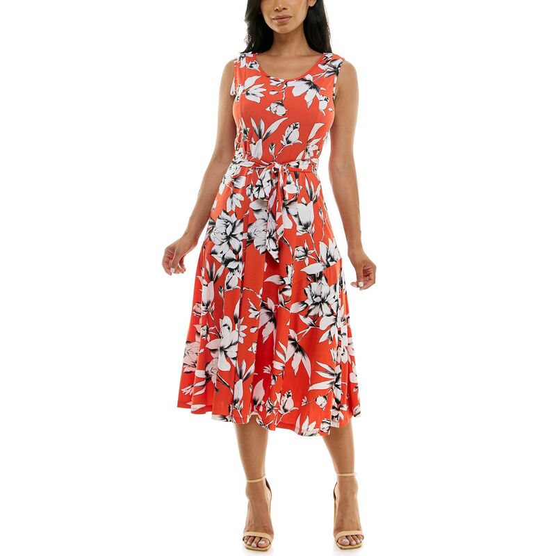 ニナレオナルド レディース トップス ワンピース プリント ミディ ノースリーブ Women's Nina Leonard Belted Sleeveless Print Midi Dress Bright Orange Ivory アイボリー