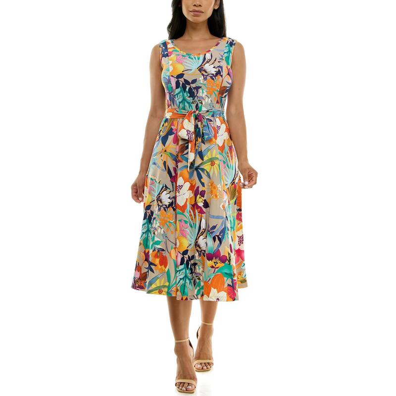 ニナレオナルド レディース トップス ワンピース プリント ミディ ノースリーブ Women's Nina Leonard Belted Sleeveless Print Midi Dress Taupe Multi トープ｜ReVida 店