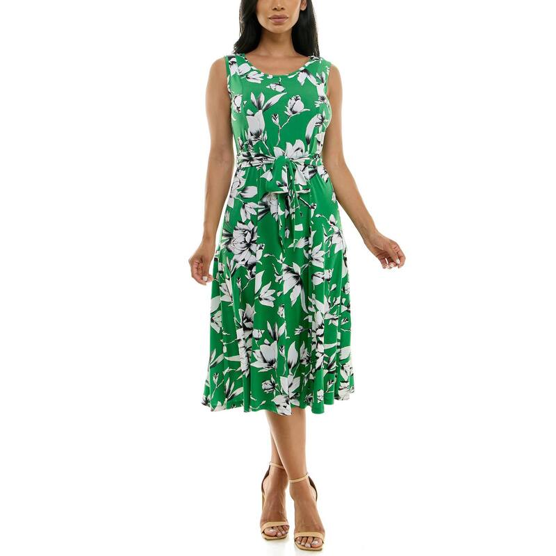 ニナレオナルド レディース トップス ワンピース プリント ミディ ノースリーブ Women's Nina Leonard Belted Sleeveless Print Midi Dress True Green Ivory アイボリー