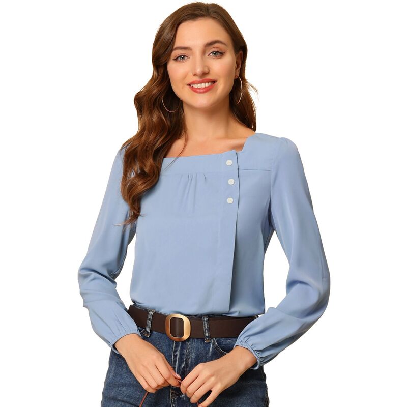 アレグラ ケー レディース トップス シャツ ALLEGRA K Women's Casual Button Decor Solid Square Neck Top Blue Gray グレー
