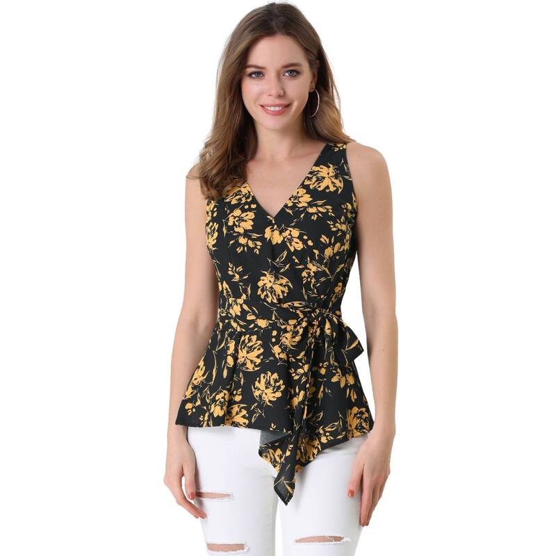 アレグラ ケー レディース トップス Tシャツ ノースリーブ ALLEGRA K Women'summer Topsleeveless V Neckline Wrap Tie Waistops Black Yellow ブラック｜ReVida 店