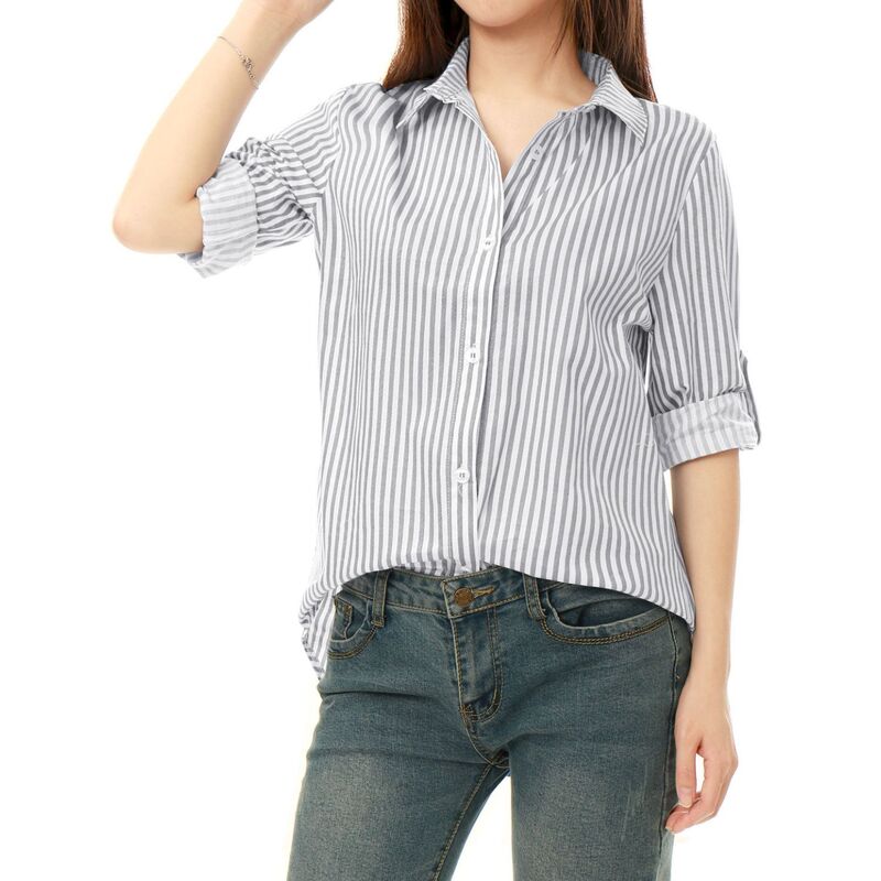 アレグラ ケー レディース トップス シャツ ボタンダウン ALLEGRA K Women's Button Down Roll-up Long Sleeves Lapel Collar Shirts Gray グレー｜ReVida 店 9,216円