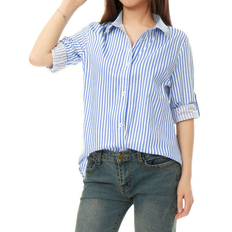 アレグラ ケー レディース トップス シャツ ボタンダウン ALLEGRA K Women's Button Down Roll-up Long Sleeves Lapel Collar Shirts Light Blue ブルー|ReVida 店