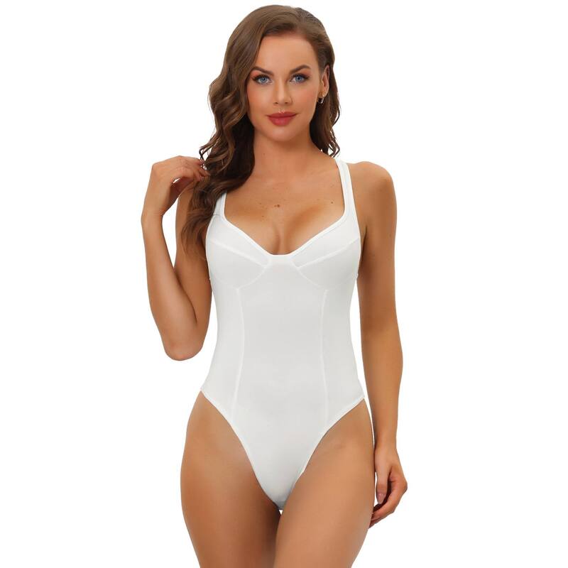 アレグラ ケー レディース トップス シャツ Vネック ジャンプスーツ ALLEGRA K Women's Deep V Neck Tummy Control Fulleotard Jumpsuits White ホワイト