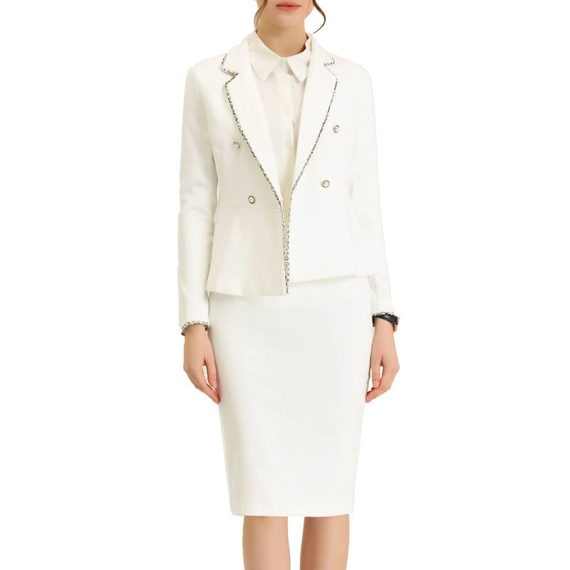 アレグラ ケー レディース トップス ワンピース ツイード スカート ブレザー ジャケット ALLEGRA K Women's 2 Pieces Businessuitweed Trim Blazer Jacket and Skirt Set White ホワイト｜ReVida 店