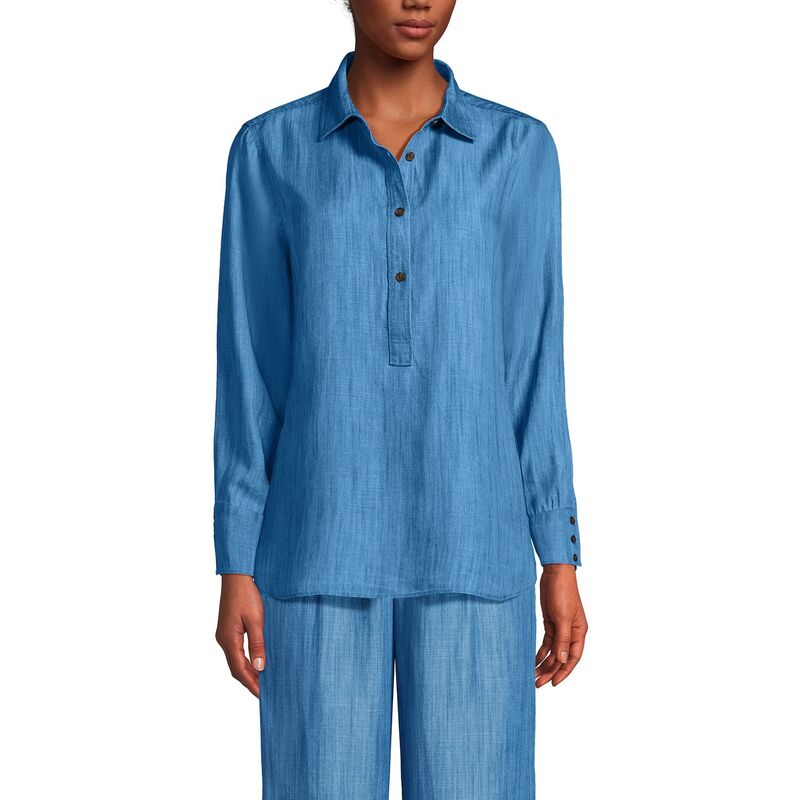 ランズエンド レディース トップス シャツ Women's Lands' End Button Front Popover Shirt Soft Indigo インディゴ