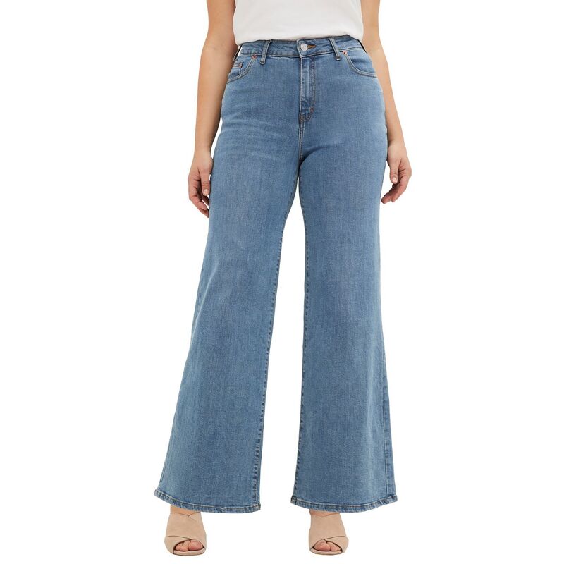 Ellos レディース ボトムス デニムパンツ ワイドレッグ プラスサイズ ジーンズ ellos Plusize 5-Pocket Wide Leg Jeans Medium Stonewash