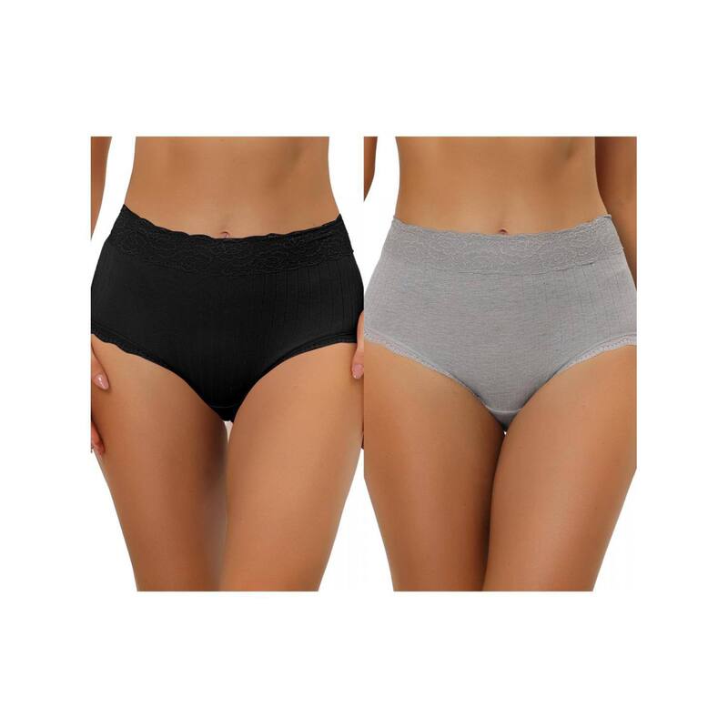 アレグラ ケー レディース アンダーウェア パンツ レーストリム ハイウエスト リブ レース ALLEGRA K 2 Packs Women's High Waist Underwear Tummy Control Comfortable Lace Trim Ribbed Panties Muti-color Black Gray ブラック