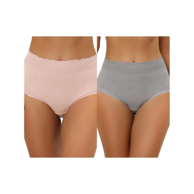 アレグラ ケー レディース アンダーウェア パンツ レーストリム ハイウエスト リブ レース ALLEGRA K 2 Packs Women's High Waist Underwear Tummy Control Comfortable Lace Trim Ribbed Panties Muti-color Gray Beige Pink グレー