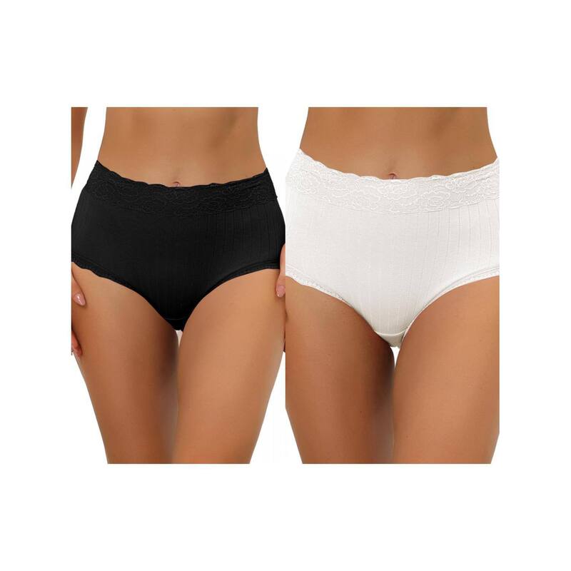 アレグラ ケー レディース アンダーウェア パンツ レーストリム ハイウエスト リブ レース ALLEGRA K 2 Packs Women's High Waist Underwear Tummy Control Comfortable Lace Trim Ribbed Panties Muti-color White Black ホワイト