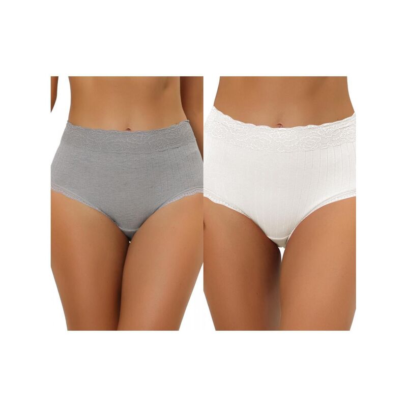 アレグラ ケー レディース アンダーウェア パンツ レーストリム ハイウエスト リブ レース ALLEGRA K 2 Packs Women's High Waist Underwear Tummy Control Comfortable Lace Trim Ribbed Panties Muti-color White Gray ホワイト
