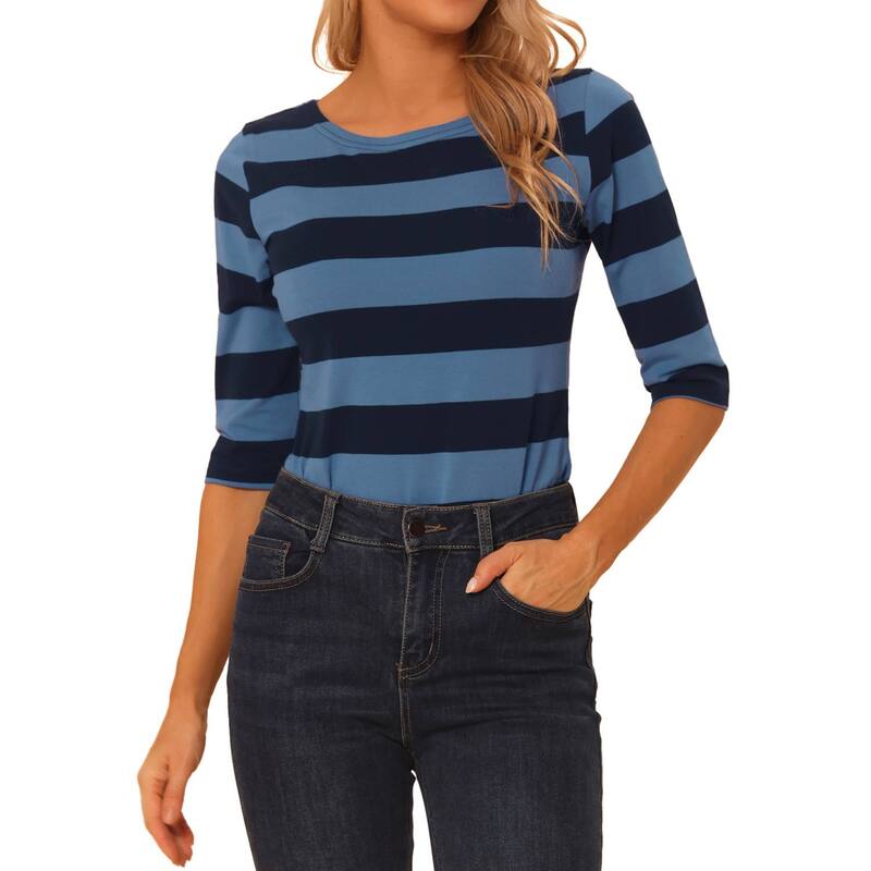 アレグラ ケー レディース トップス シャツ スリムフィット ALLEGRA K Women's Casual T-shirts Elbow Sleeveslim Fit Boat Neck Tops Blue Dark Blue ブルー