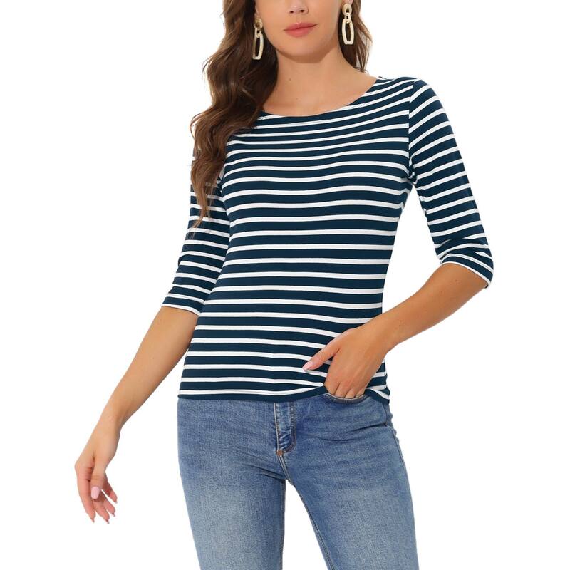 アレグラ ケー レディース トップス シャツ スリムフィット ALLEGRA K Women's Casual T-shirts Elbow Sleeveslim Fit Boat Neck Tops Dark Blue ブルー｜ReVida 店