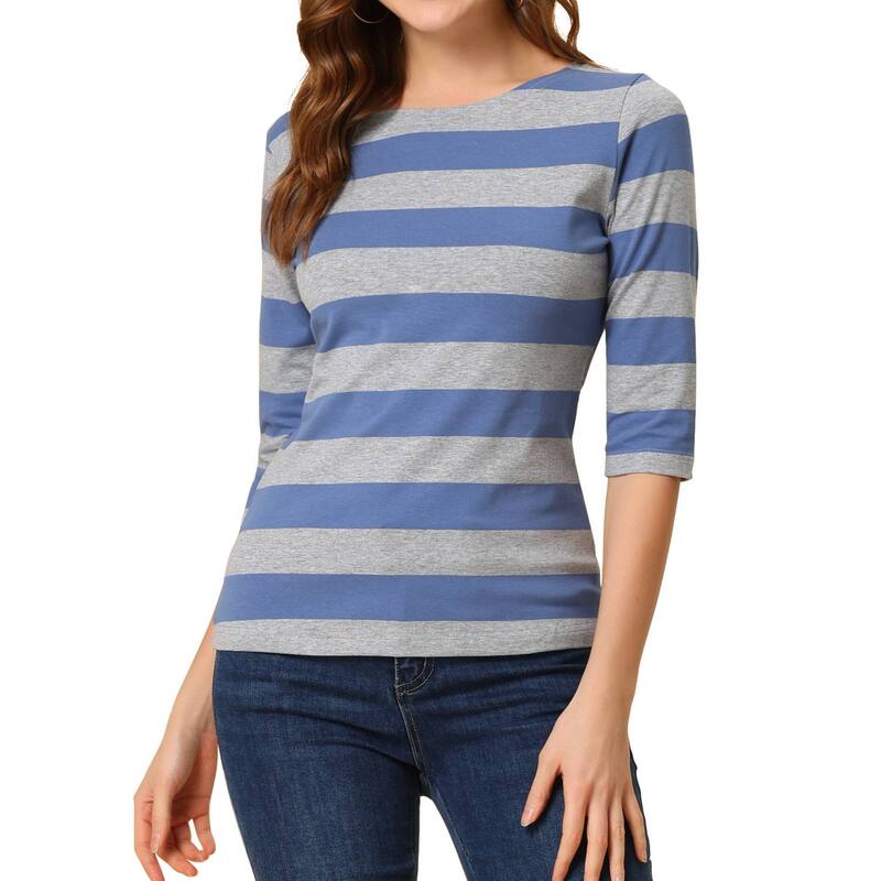 アレグラ ケー レディース トップス シャツ スリムフィット ALLEGRA K Women's Casual T-shirts Elbow Sleeveslim Fit Boat Neck Tops Gray Blue グレー|ReVida 店
