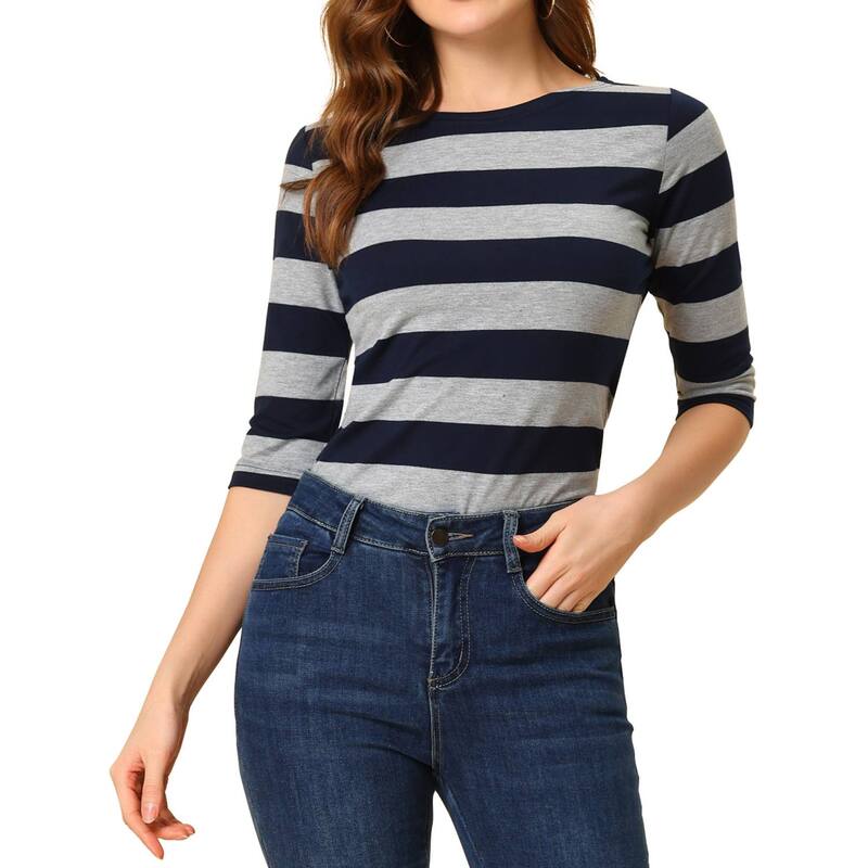 アレグラ ケー レディース トップス シャツ スリムフィット ALLEGRA K Women's Casual T-shirts Elbow Sleeveslim Fit Boat Neck Tops Navy Gray グレー