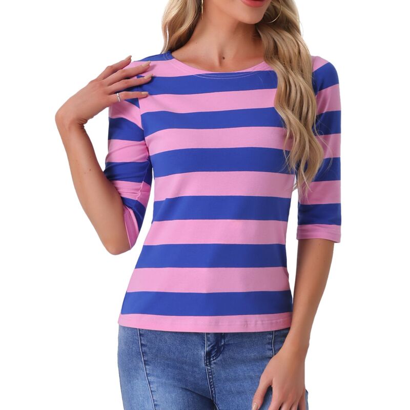アレグラ ケー レディース トップス シャツ スリムフィット ALLEGRA K Women's Casual T-shirts Elbow Sleeveslim Fit Boat Neck Tops Pink Blue ブルー
